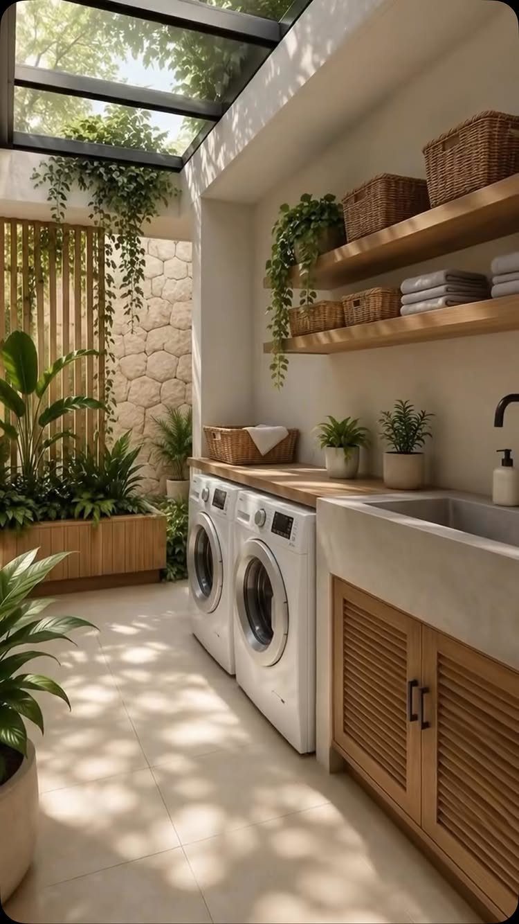 Laundry room with glass ceiling letting in natural light and green plants.