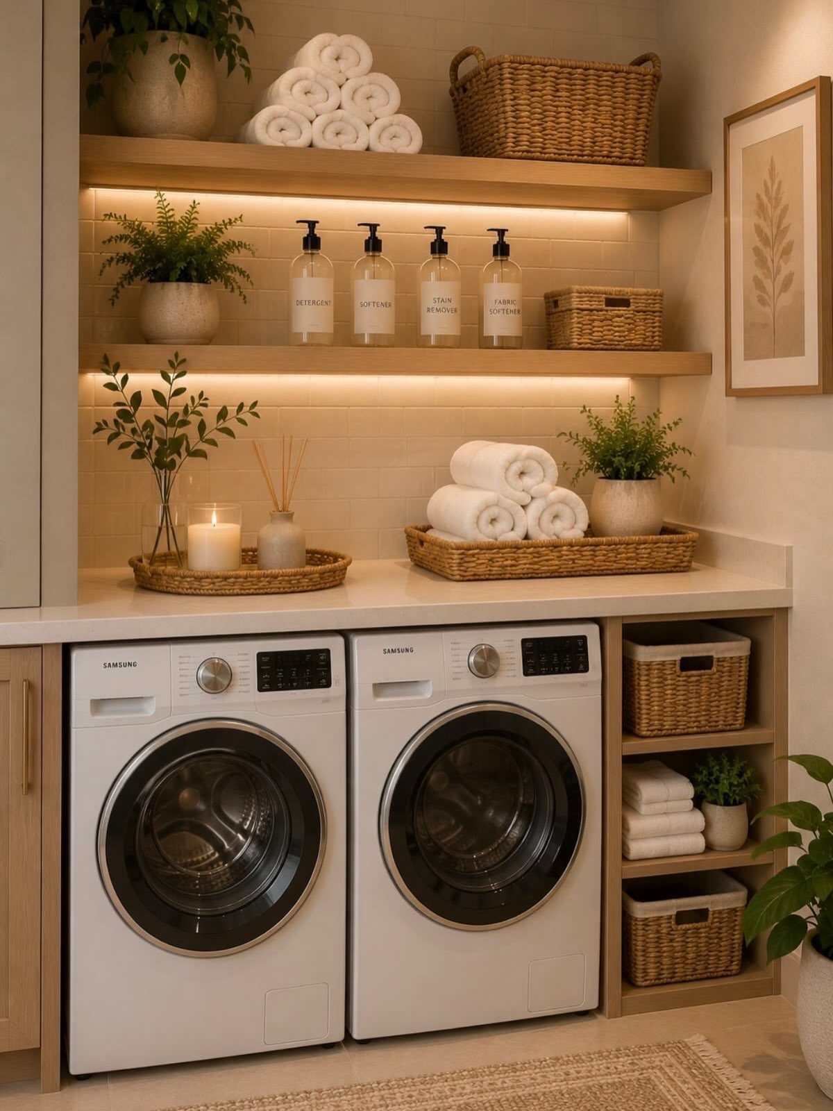 Laundry room with white washing machines and warm under-shelf accent lighting on wooden shelves