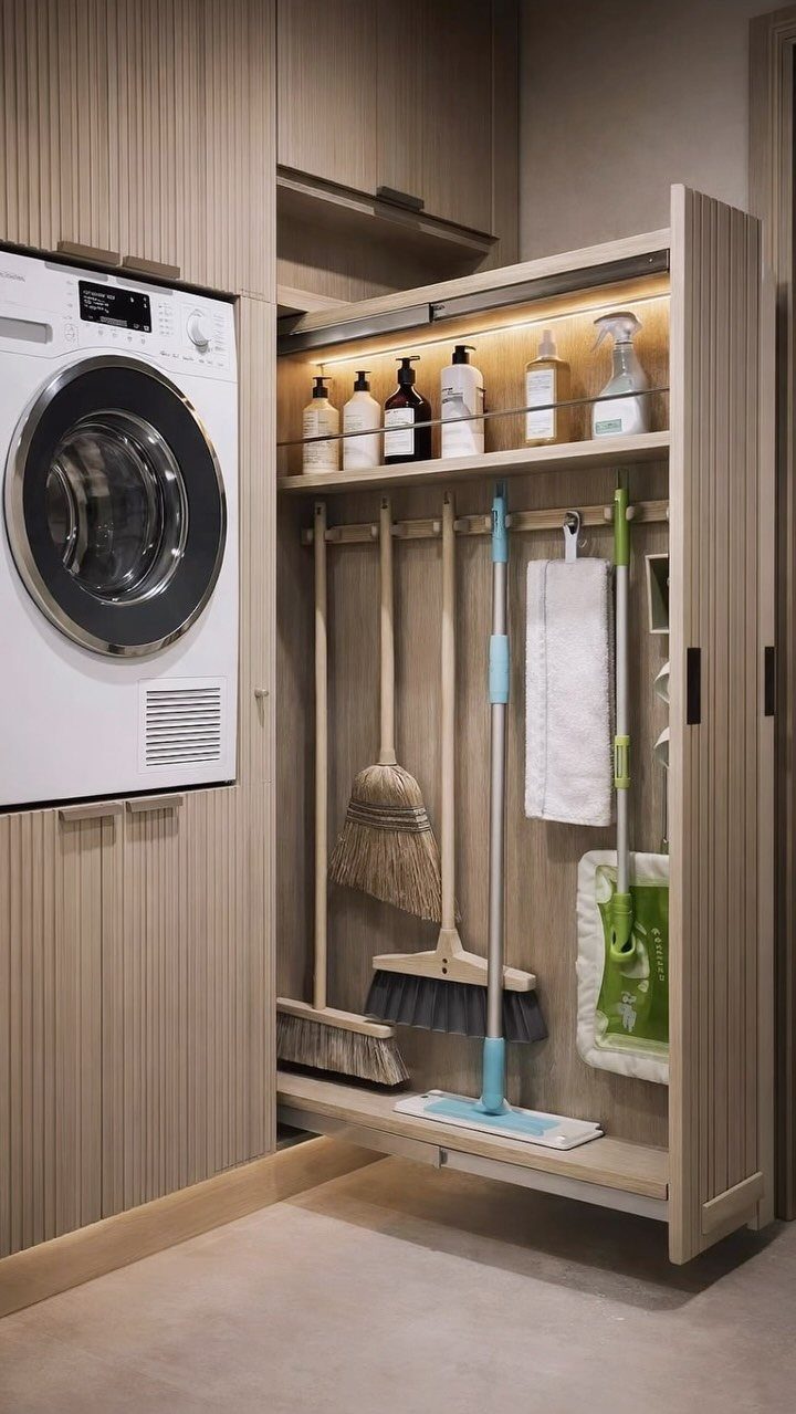 Washing machine and open utility cabinet with brooms and cleaning supplies in wood cabinetry.