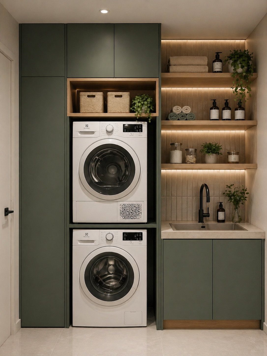Stacked white washer and dryer integrated into dark green cabinetry with wooden shelving.