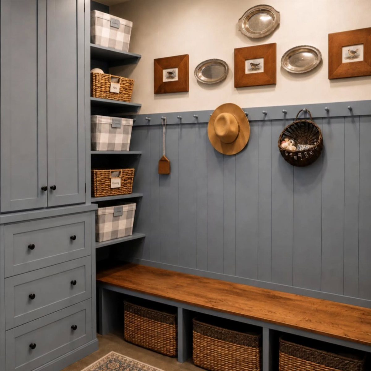 Wooden mudroom bench with woven storage baskets underneath and blue-grey cabinetry.