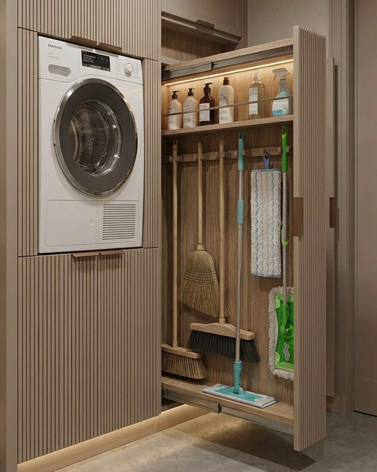 White washing machine and a cleaning closet with brooms and mops.