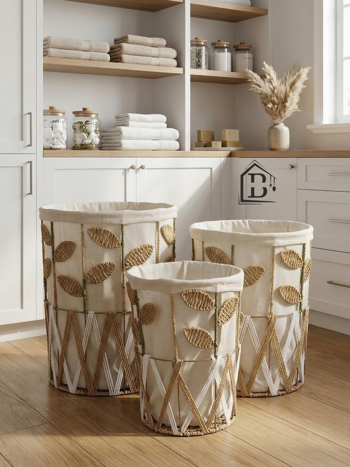 Three woven baskets with leaf designs and fabric liners in a laundry room.