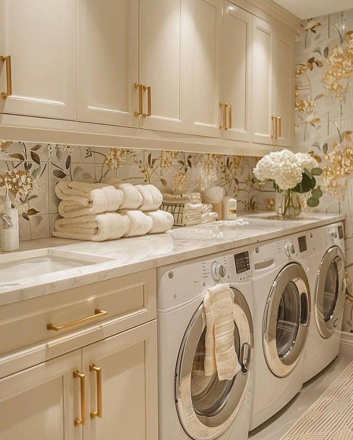 White laundry room with gold hardware, marble counters, and floral wallpaper backsplash.