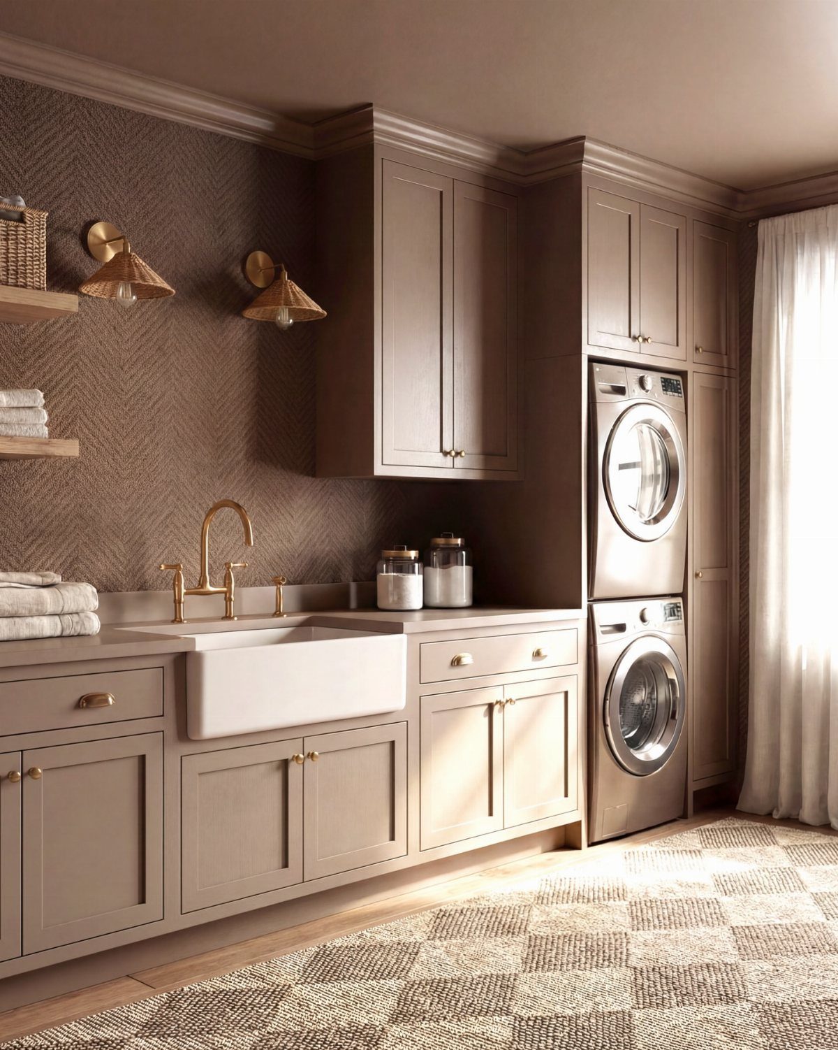 Taupe laundry room with white farmhouse sink and sunlight streaming from a window.