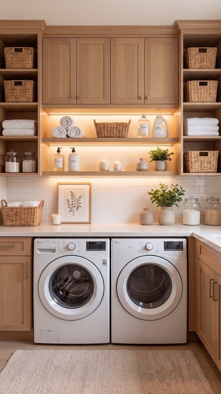 Laundry room with white appliances and light wood built-in shelving and cabinets.