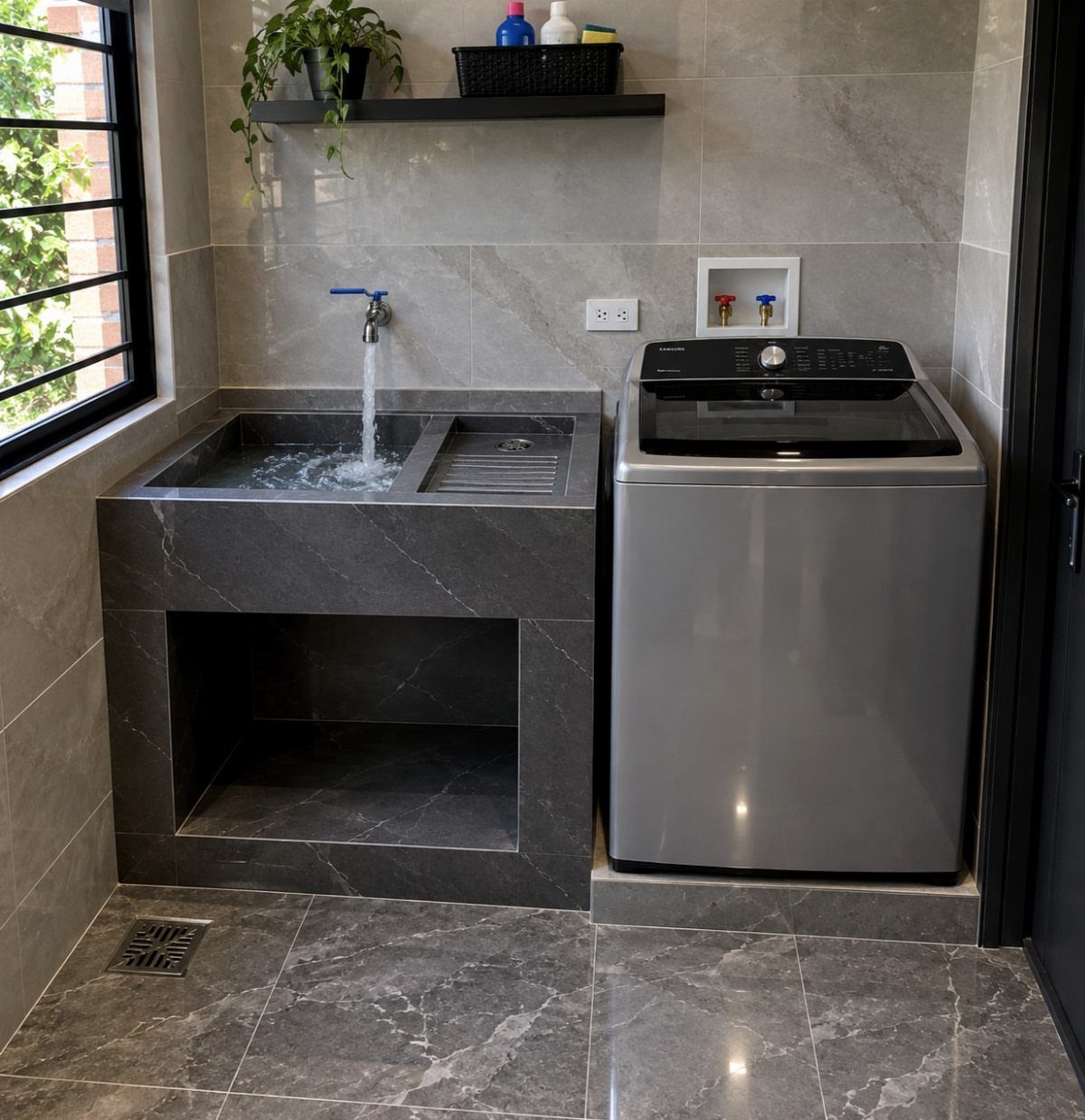 Deep grey marble utility sink with running water next to a washing machine.