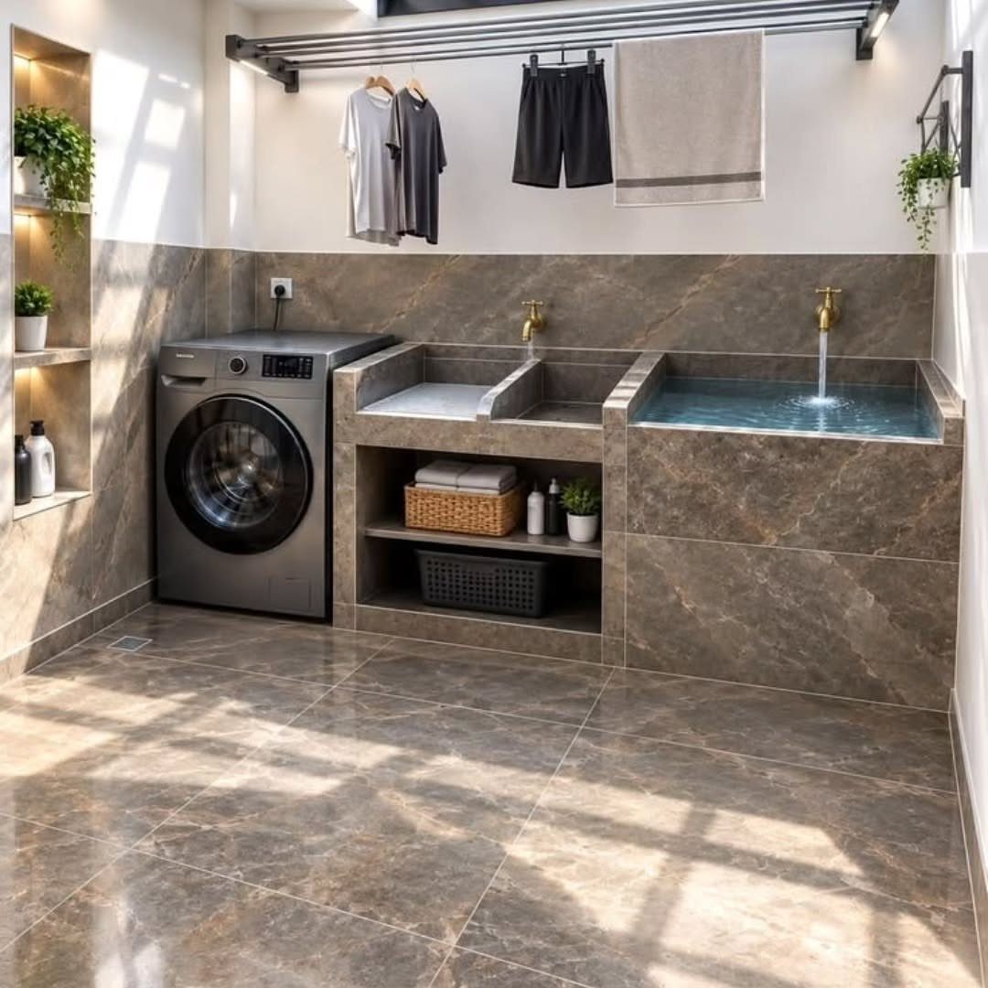 Modern laundry room with built-in stone utility sinks and a dark washing machine.