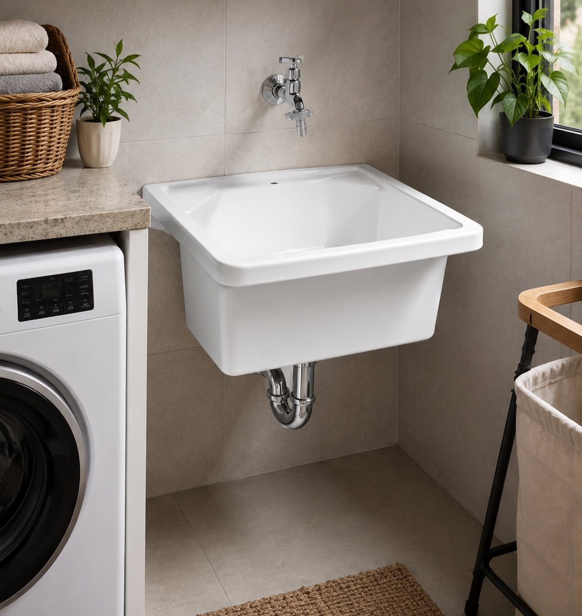White wall-mounted utility sink in a laundry room next to a washing machine.