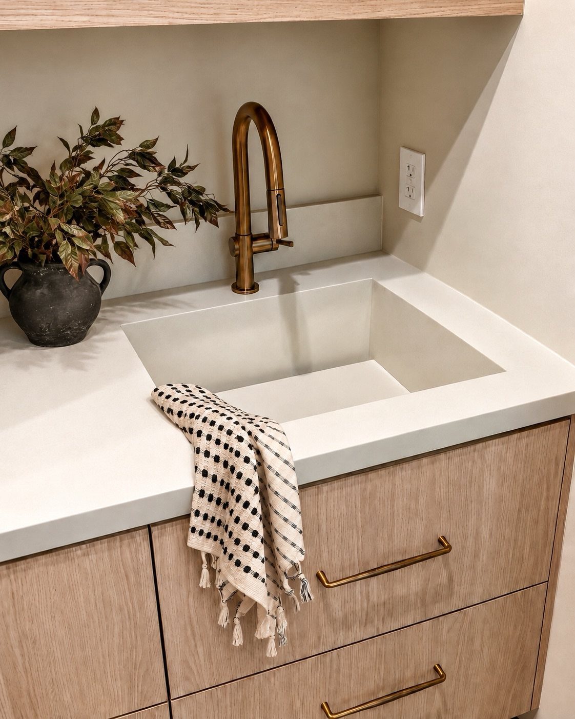 Deep white utility sink with gold faucet and light wood cabinetry below.