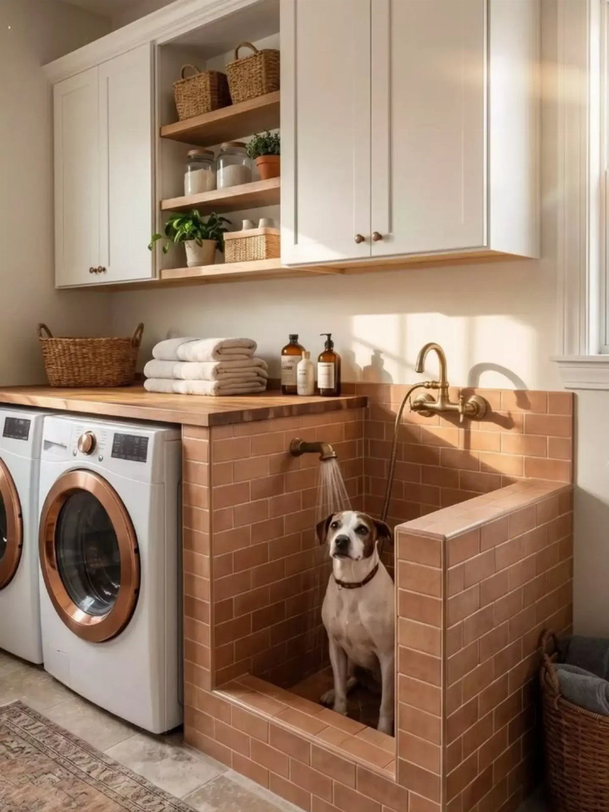 Dog standing in a brown tiled built-in pet wash station in a laundry room.