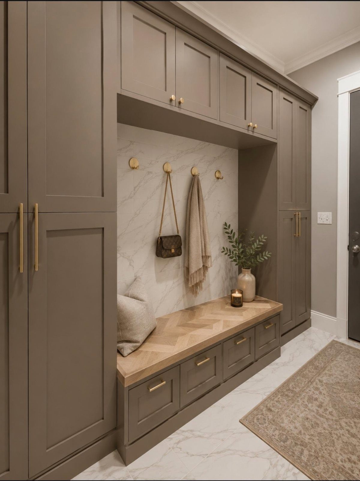 Taupe mudroom cabinetry with a wooden bench and gold hooks holding accessories.