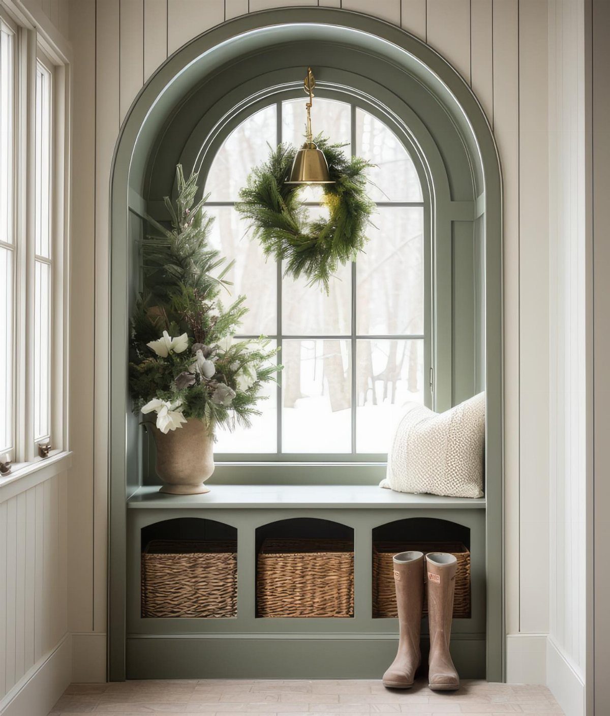 Sage green arched window nook with a bench, wicker baskets, and evergreen plants.