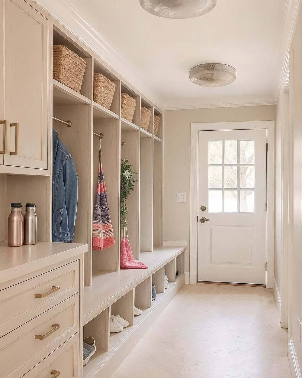 Built-in mudroom unit with a long bench, shoe cubbies, and woven storage baskets.