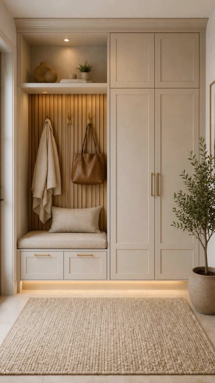 Beige built-in mudroom unit with tall cabinets, a bench, and wall hooks.