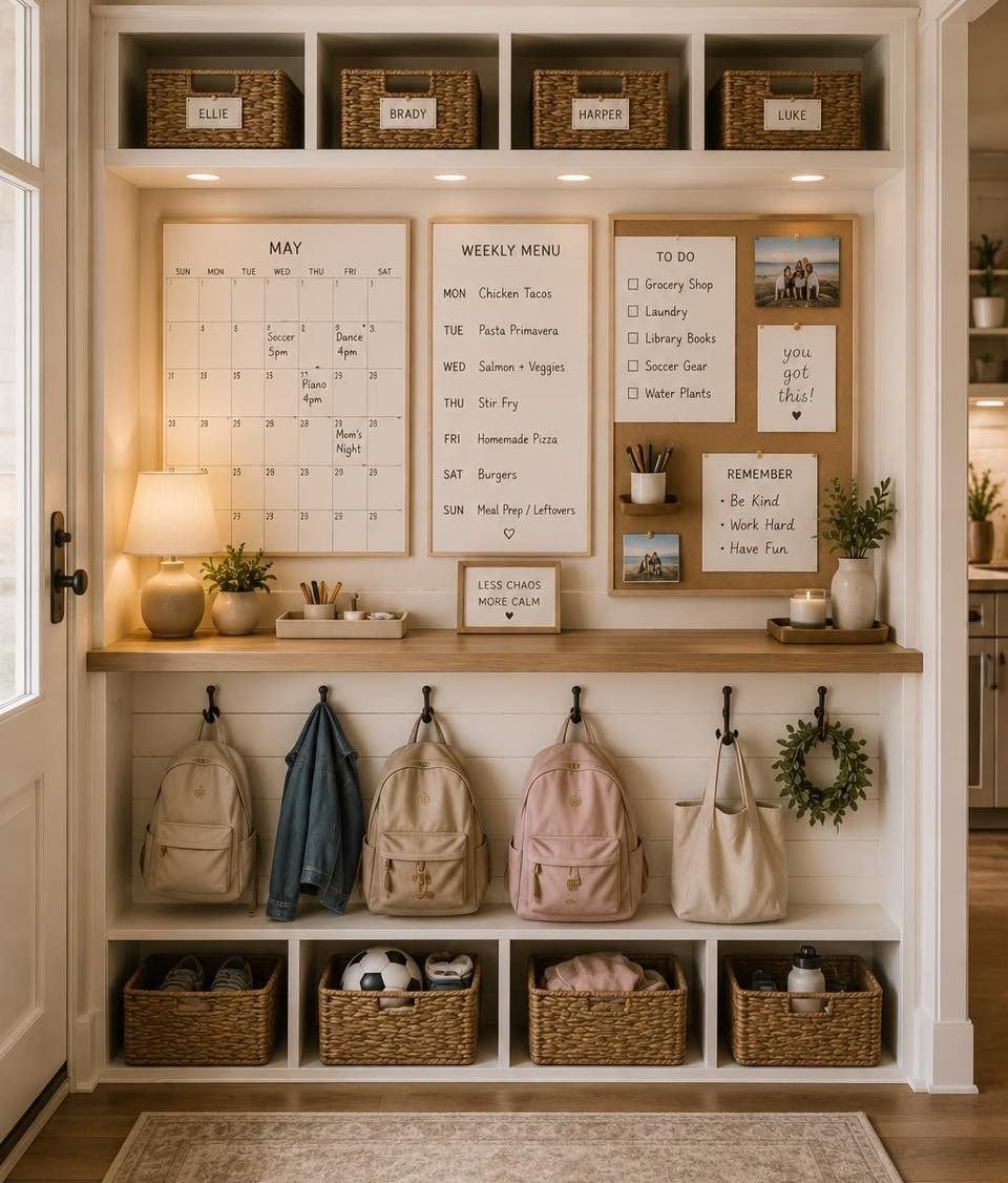 White built-in mudroom with a message center, wooden bench, and hanging backpacks.