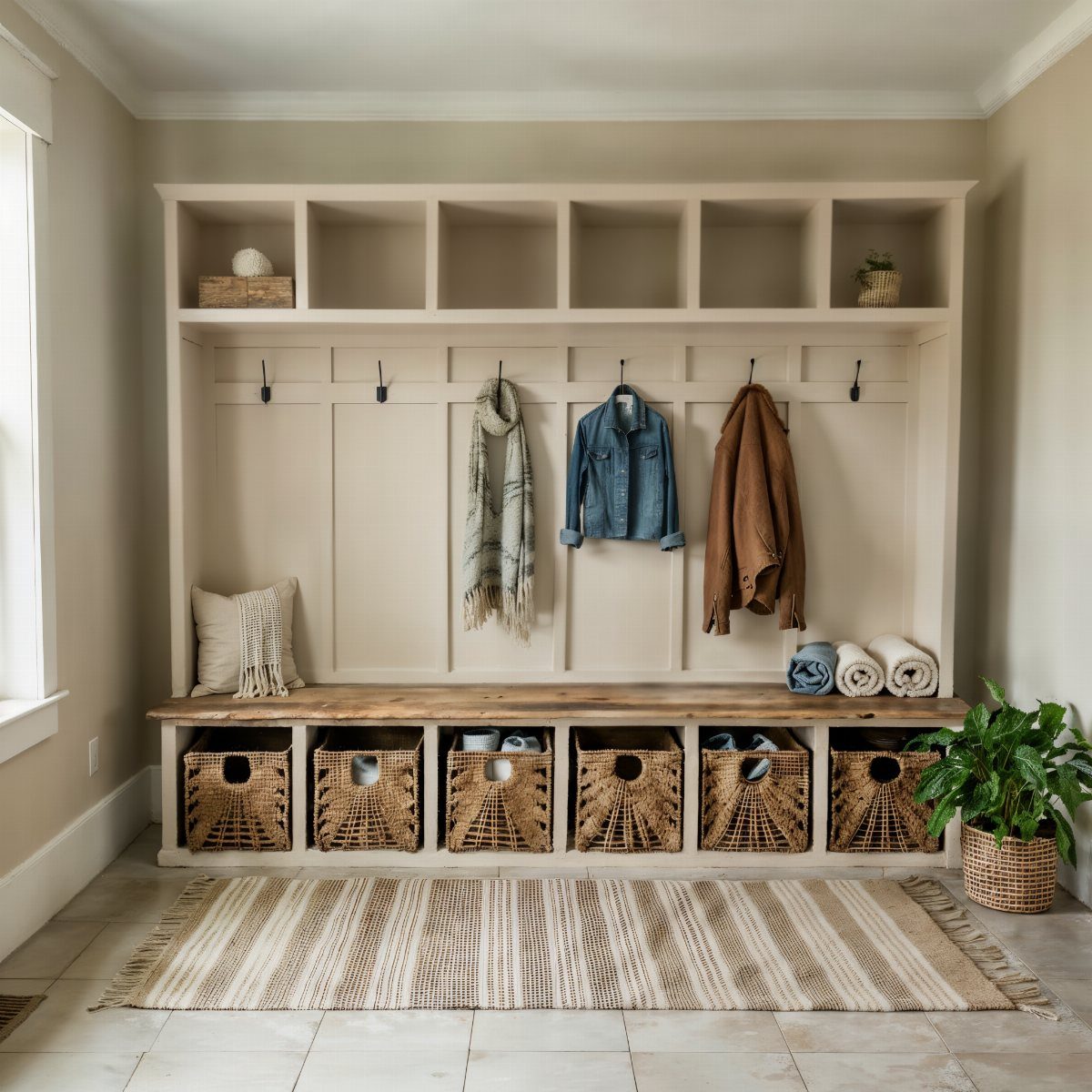 Mudroom storage unit with woven baskets in lower cubbies and upper open shelving.
