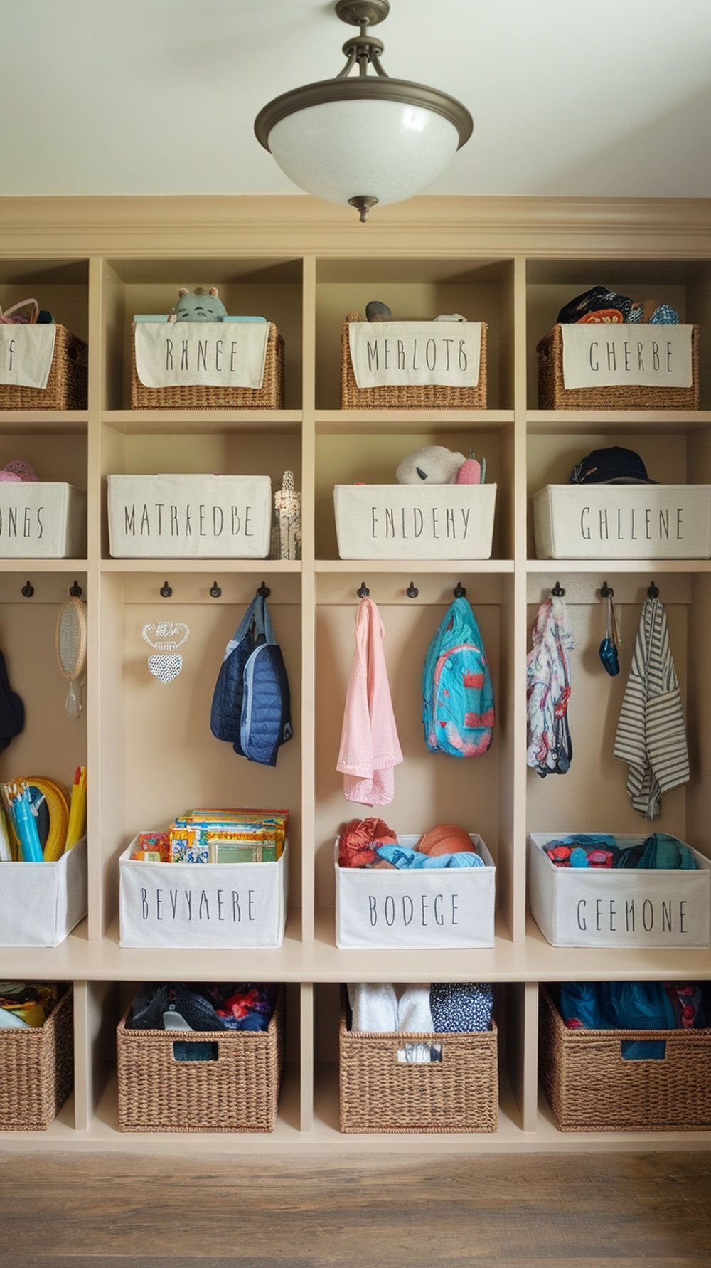 Built-in mudroom storage with labeled baskets, hooks for coats, and lower shoe cubbies.