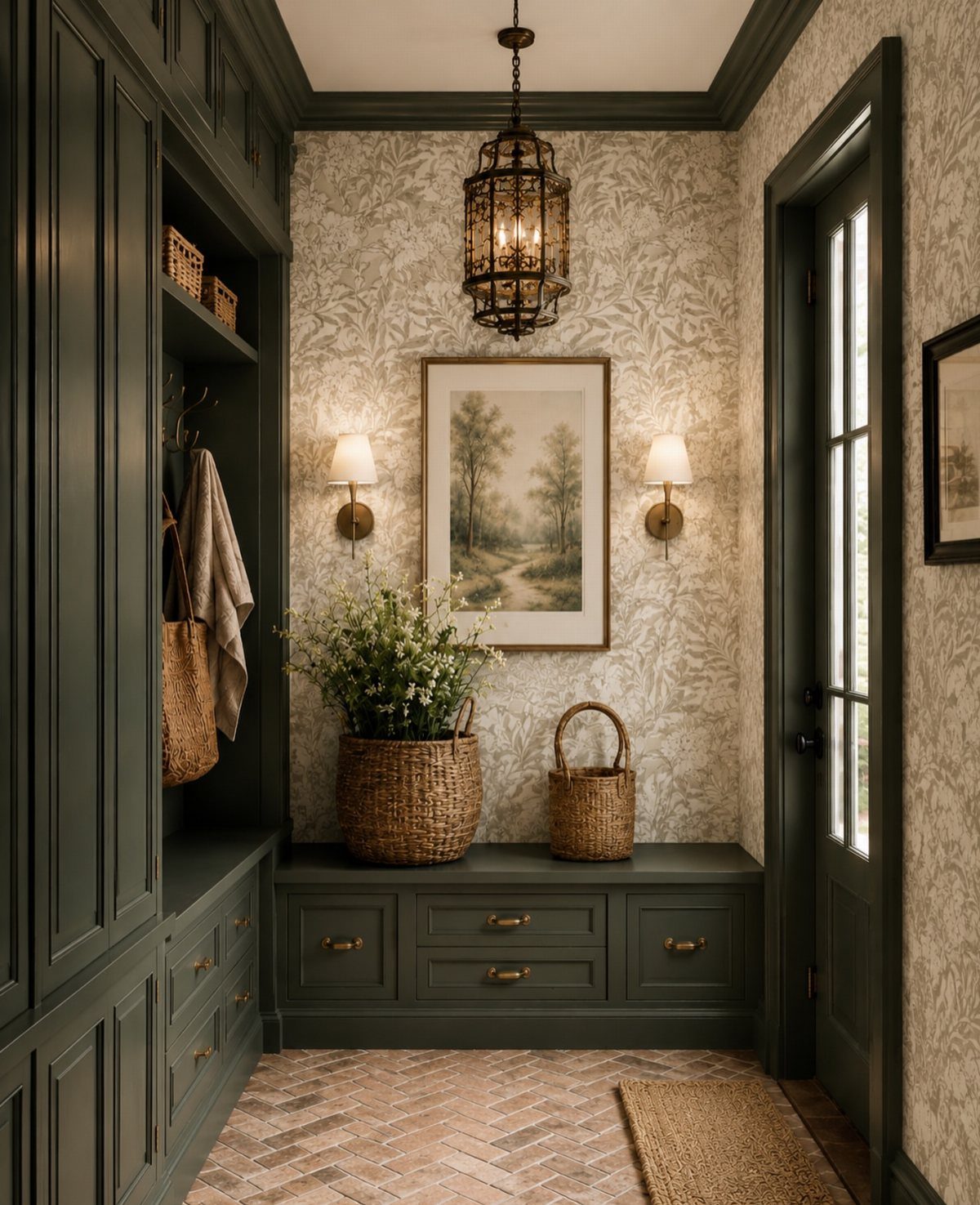 Hunter-green wood paneling and built-in cabinets in a small, elegant mudroom entryway.