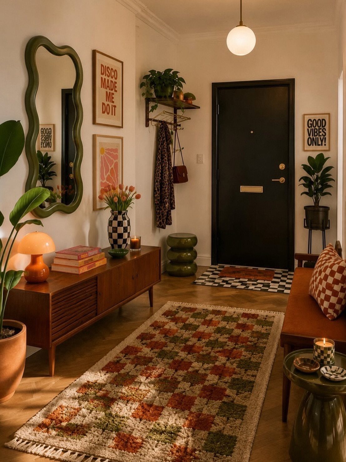 Entryway with a checkered rug, wavy green mirror, and framed wall art.