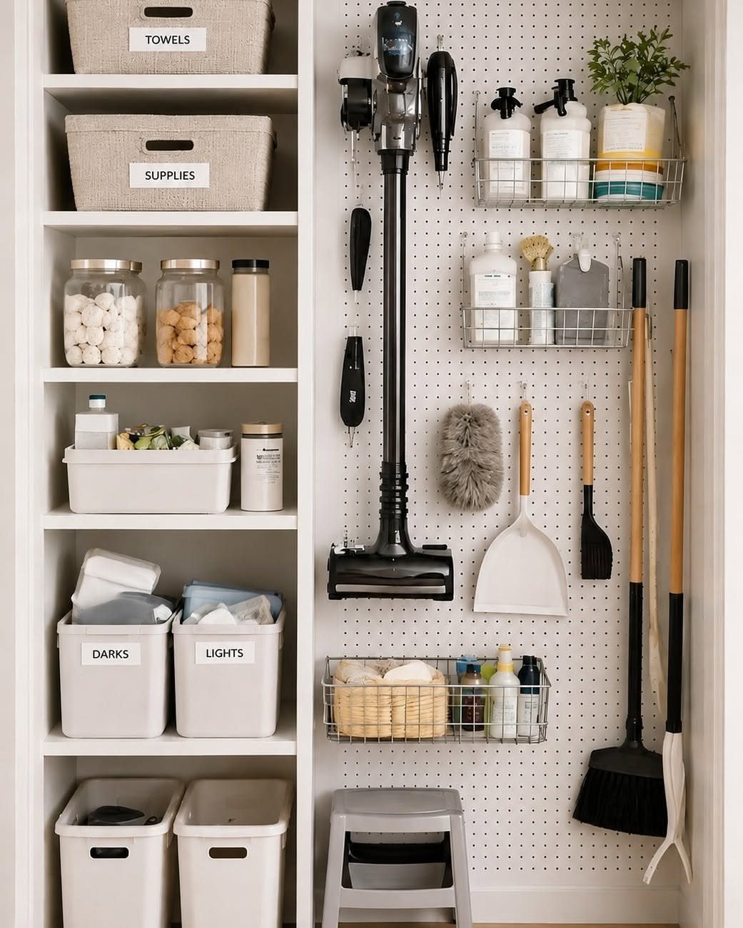 Labeled storage bins on white shelves next to a cleaning tool pegboard.
