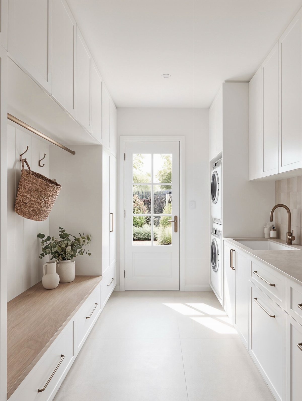 White mudroom and laundry room with wooden bench and stacked washing machines.