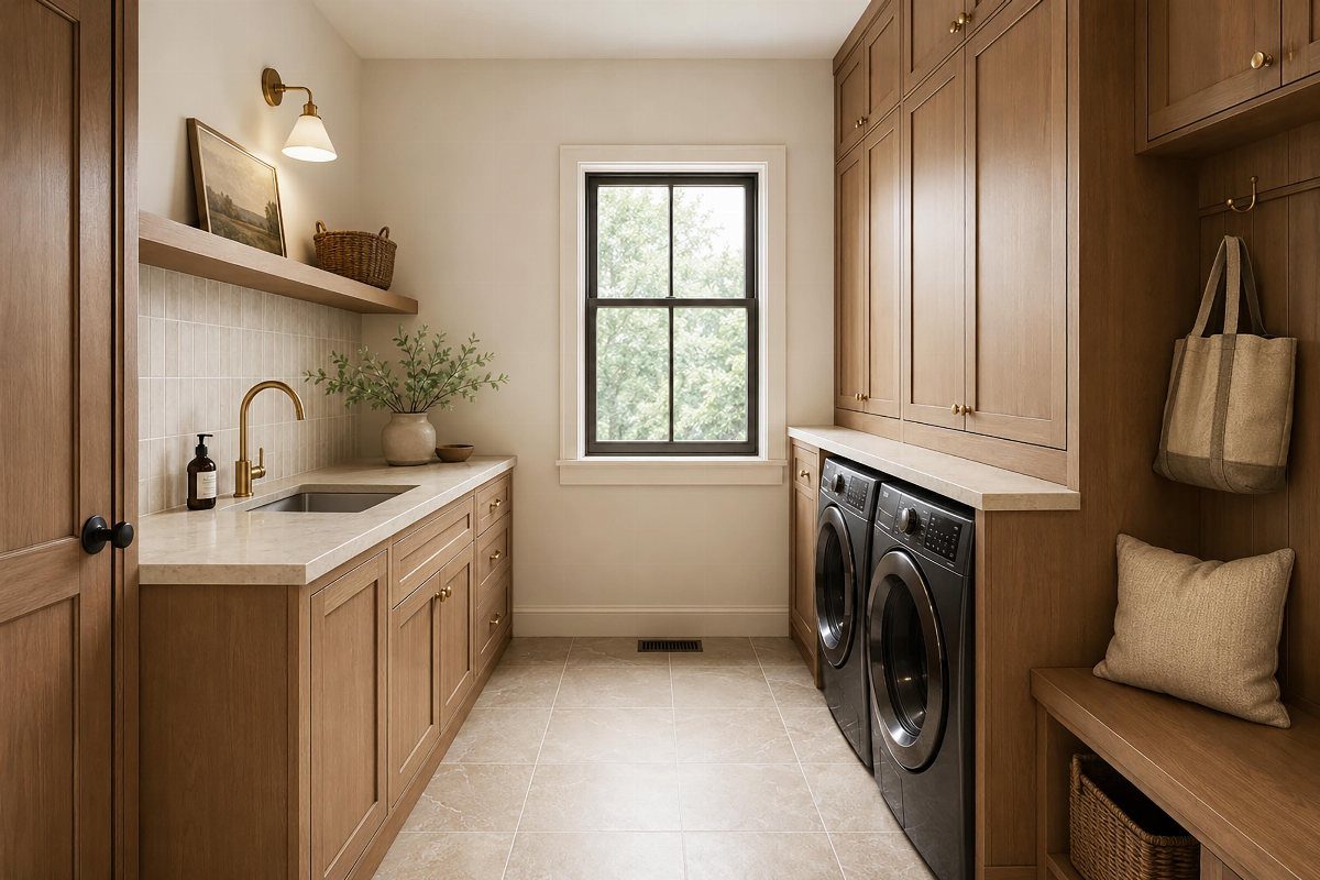 Bright laundry and mudroom with light wood cabinets and a central window.