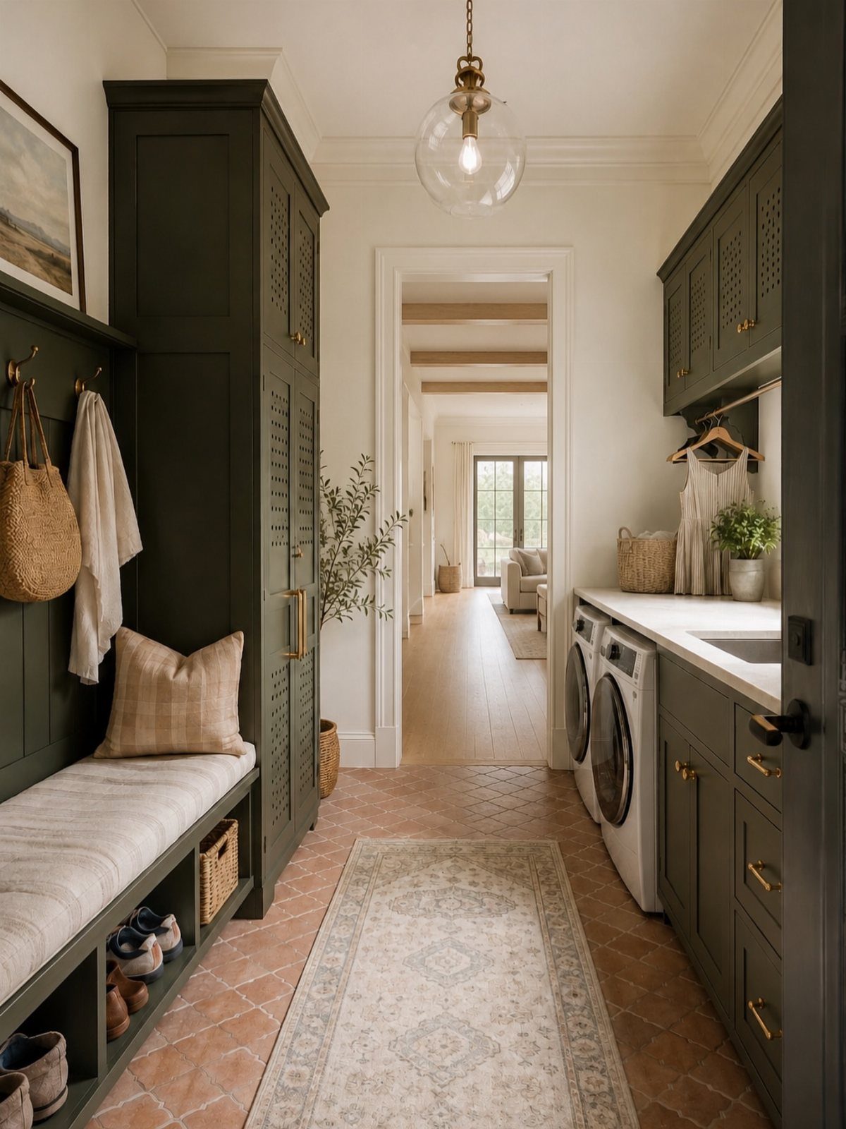 Mudroom laundry combo with dark green cabinets, white washers, and a small potted plant.