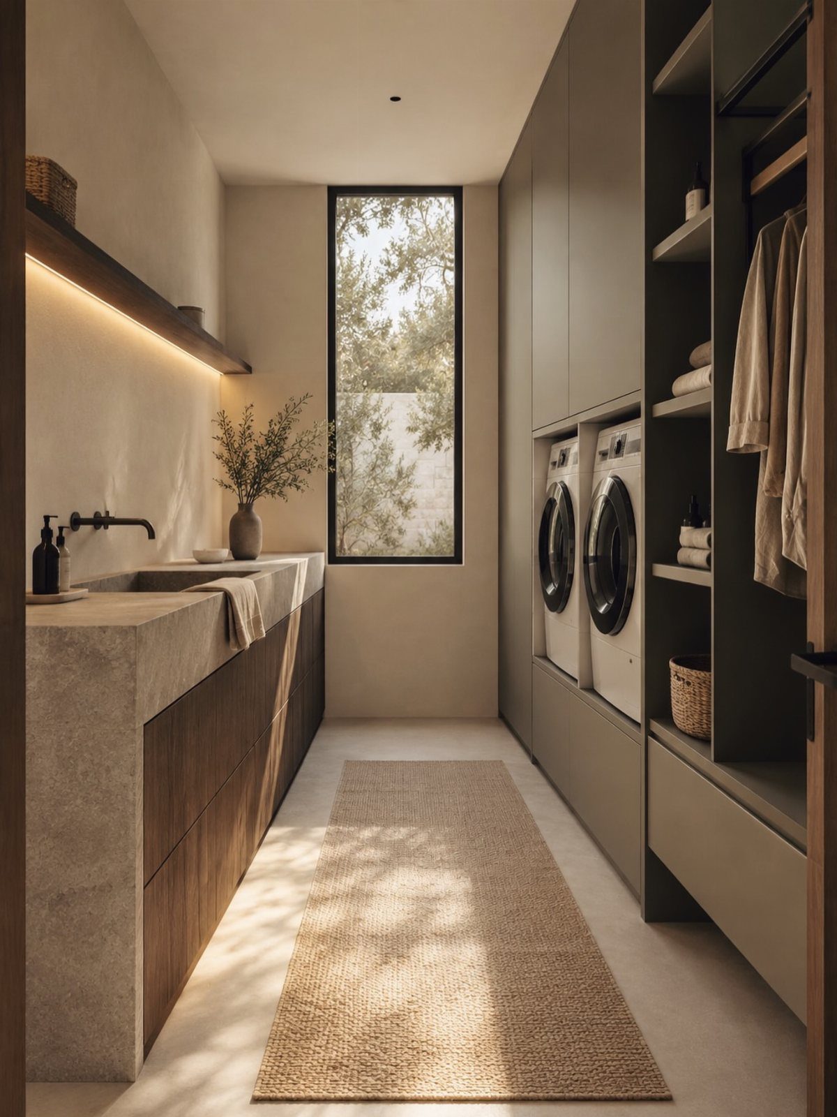 Modern laundry mudroom with olive cabinetry, concrete sink, and under-shelf LED lighting.