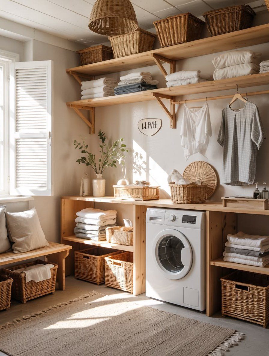 White washing machine under a light wood countertop with open shelving and baskets.