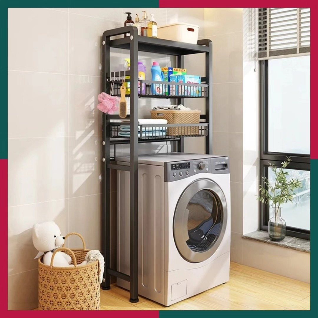 Washing machine under a black metal shelving unit with laundry supplies in a room.