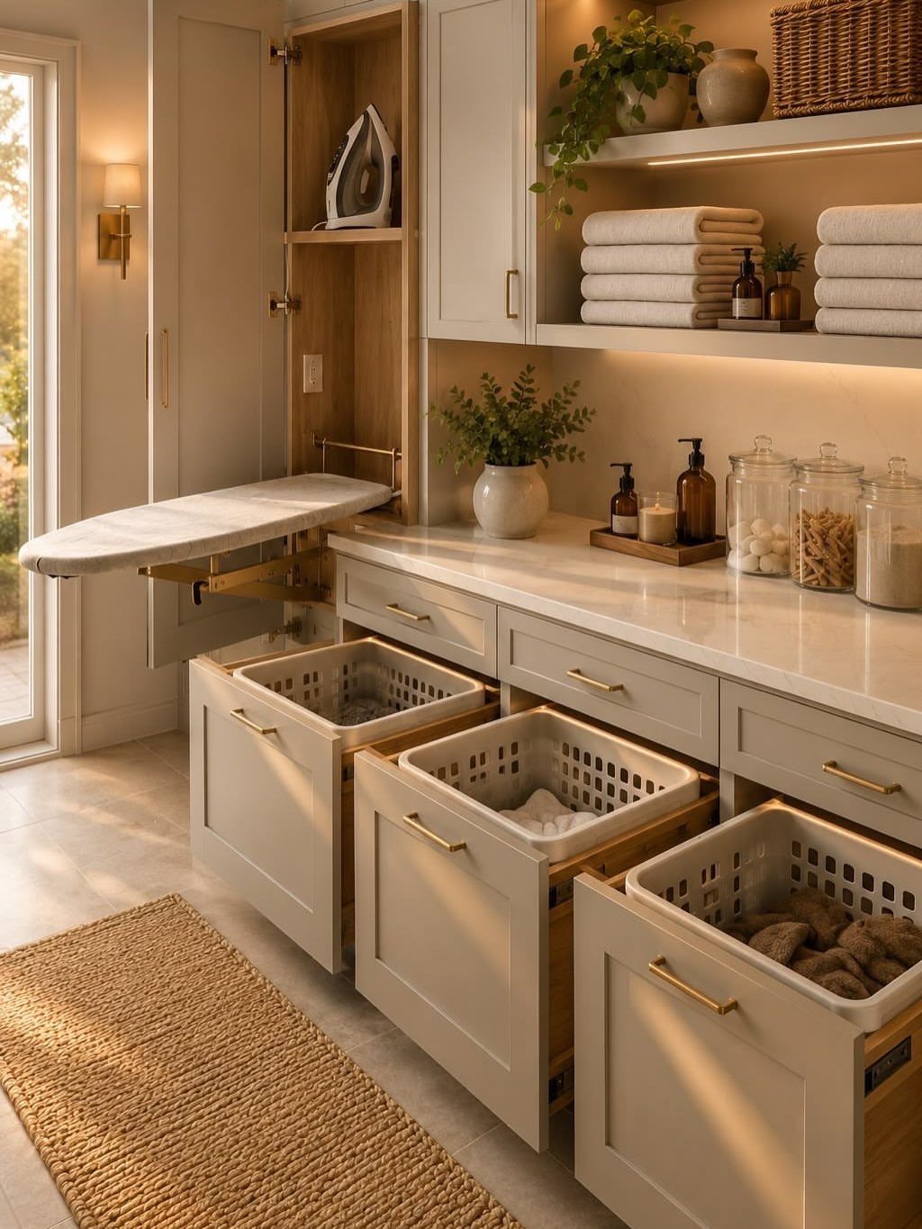 Laundry room with beige cabinets and white plastic bins in pull-out drawers.
