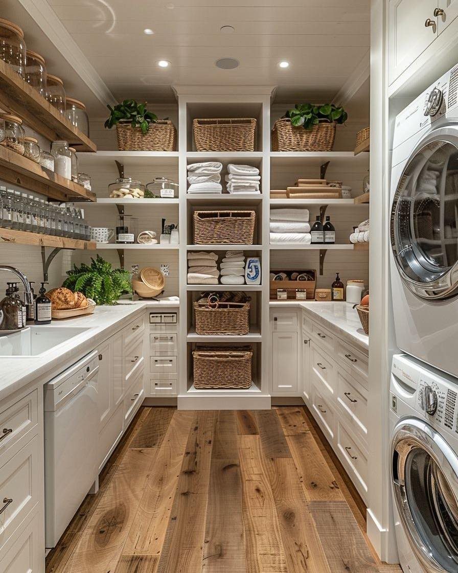 Utility room combining a pantry with shelving and stacked white laundry machines.