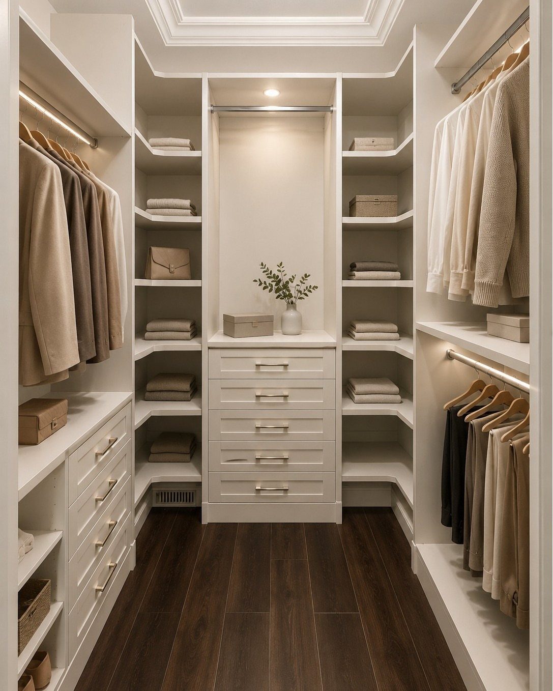 White custom cabinetry in a walk-in closet with drawers, shelves, and hanging clothes.