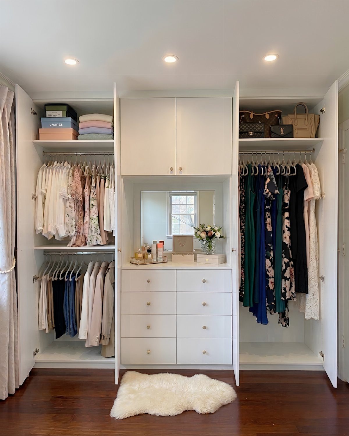 White reach-in closet with double-hanging rods on the left and central dresser drawers.