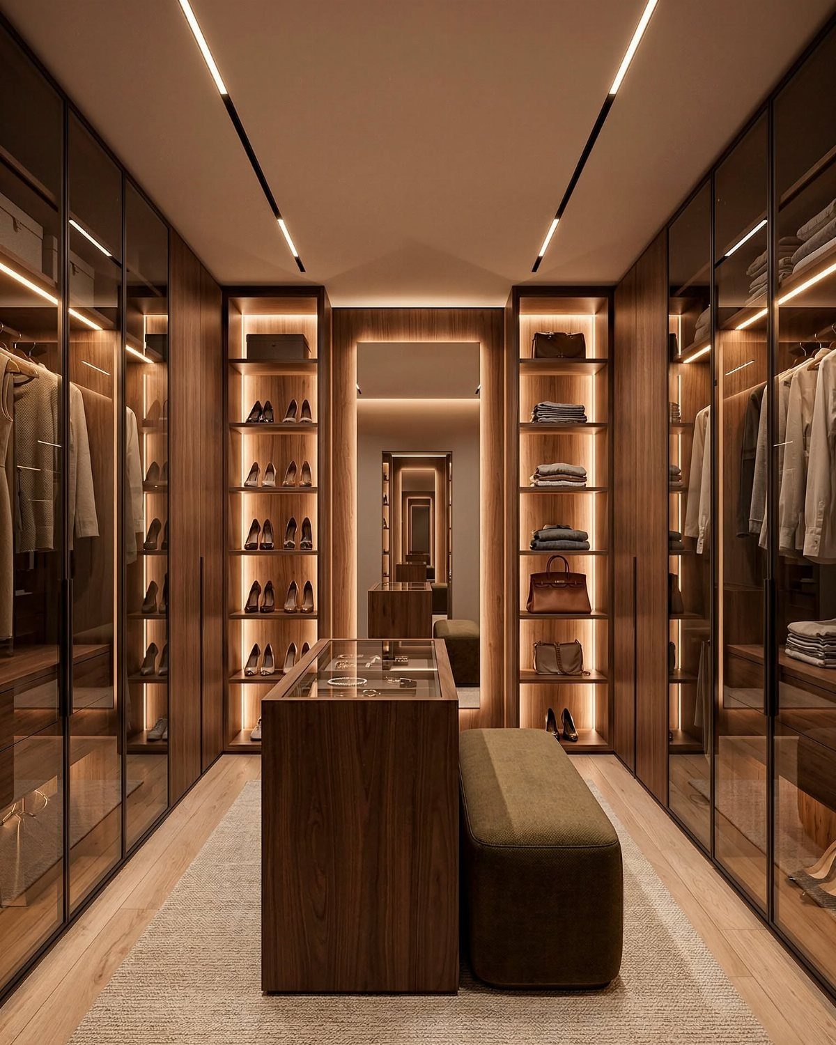 Luxury walk-in closet with recessed linear ceiling lights and integrated shelf lighting.