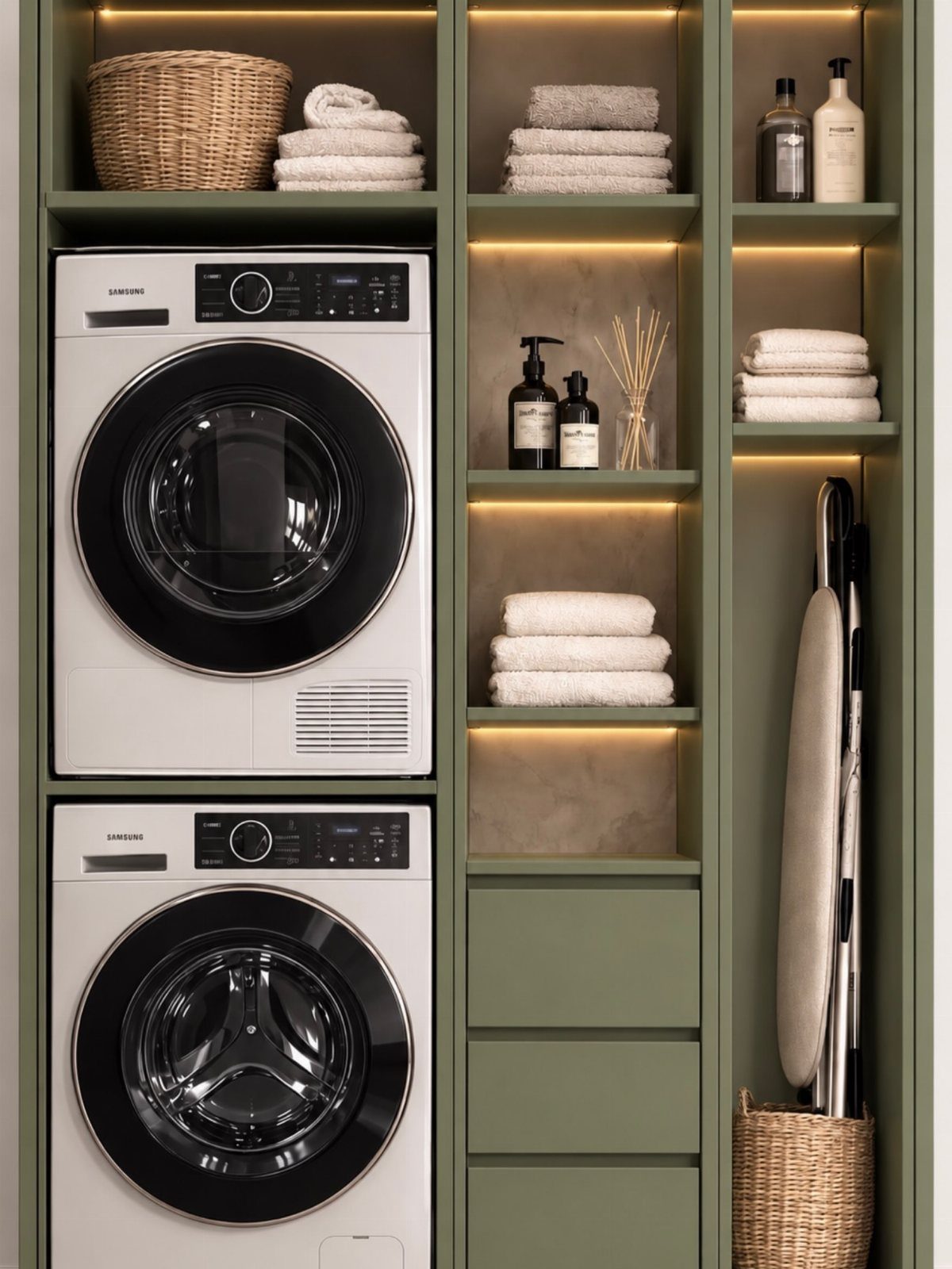Stacked washer and dryer integrated into olive green built-in cabinetry with open shelving.