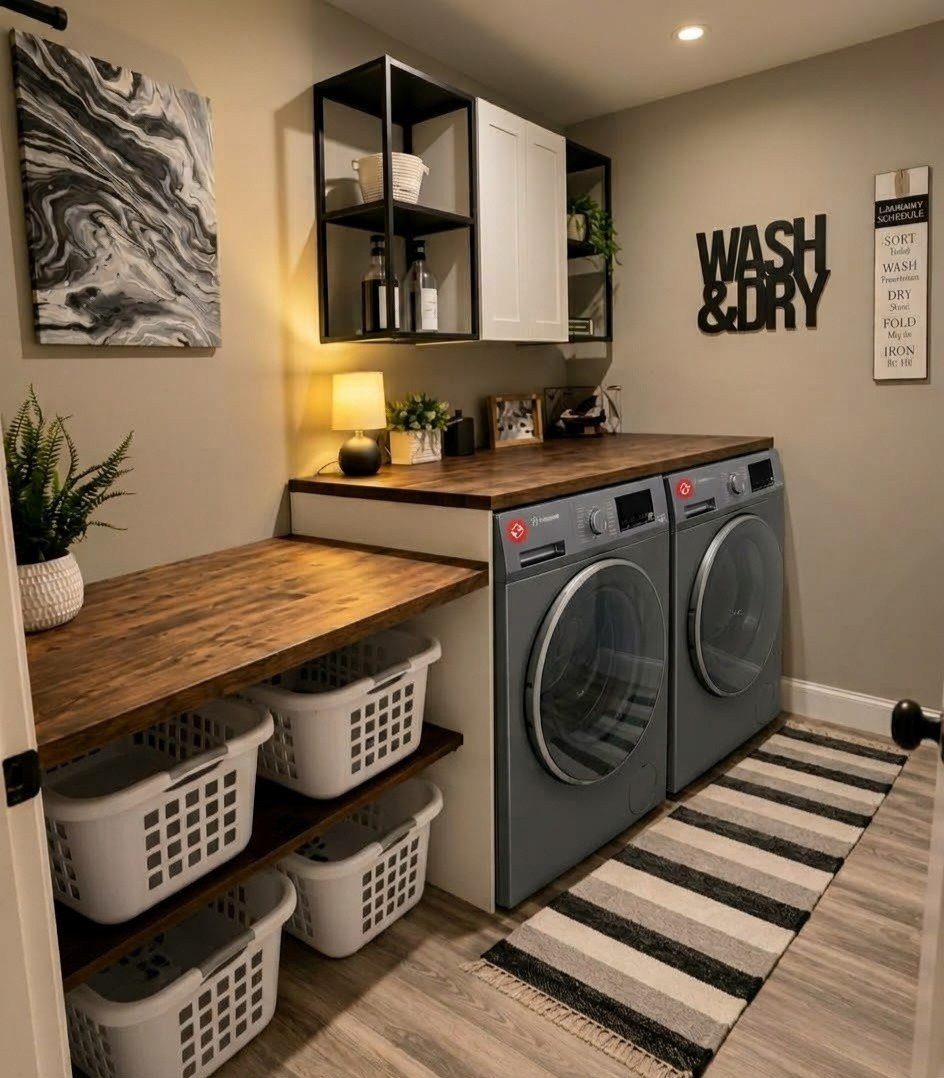 Wooden countertop installed over a grey washer and dryer in a laundry room.