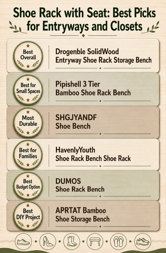 Infographic comparing different shoe racks with seats and their features