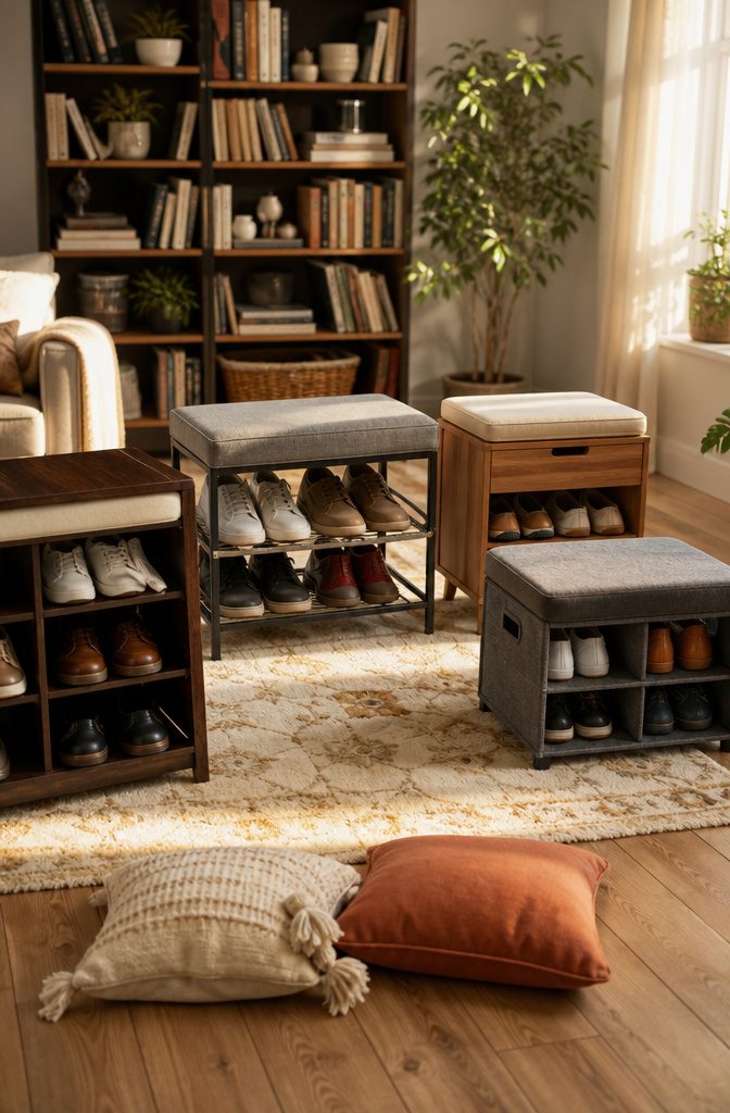 Spacious corner with a shoe rack and seat in a well-lit room