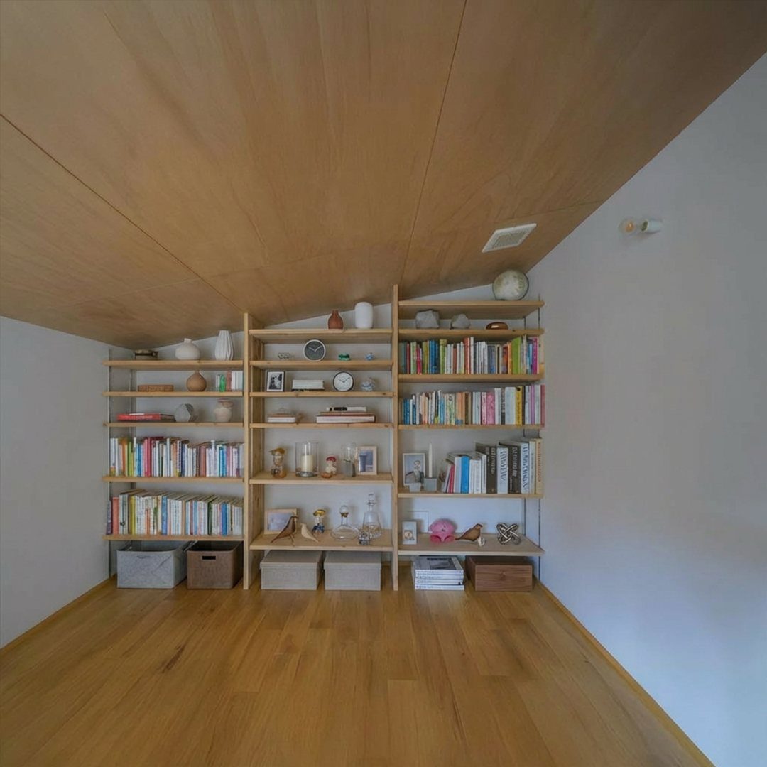 Light wood open shelving with storage bins under a slanted wooden ceiling.