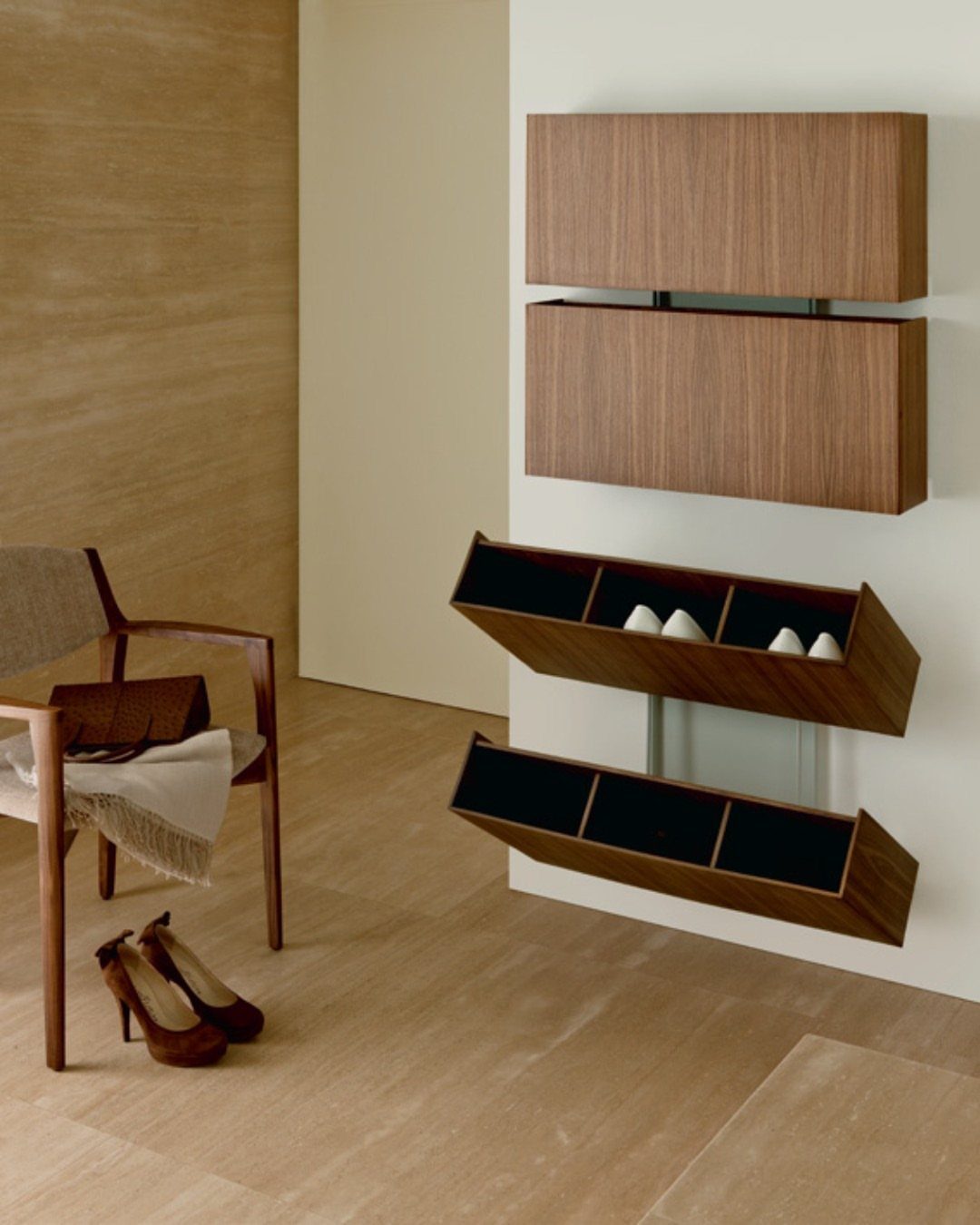 Wall-mounted wooden shoe organizers and cabinets in a minimalist modern entryway setting.