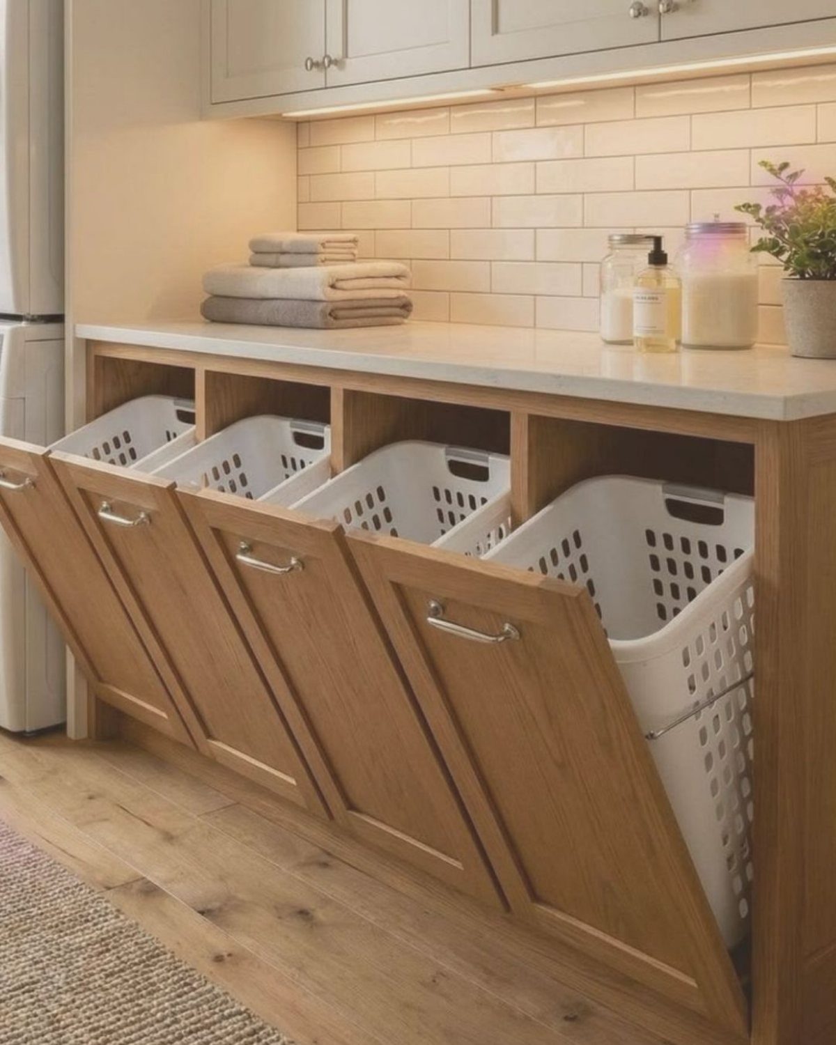 Wooden tilt-out cabinets with white laundry hampers under a white countertop and cabinets.