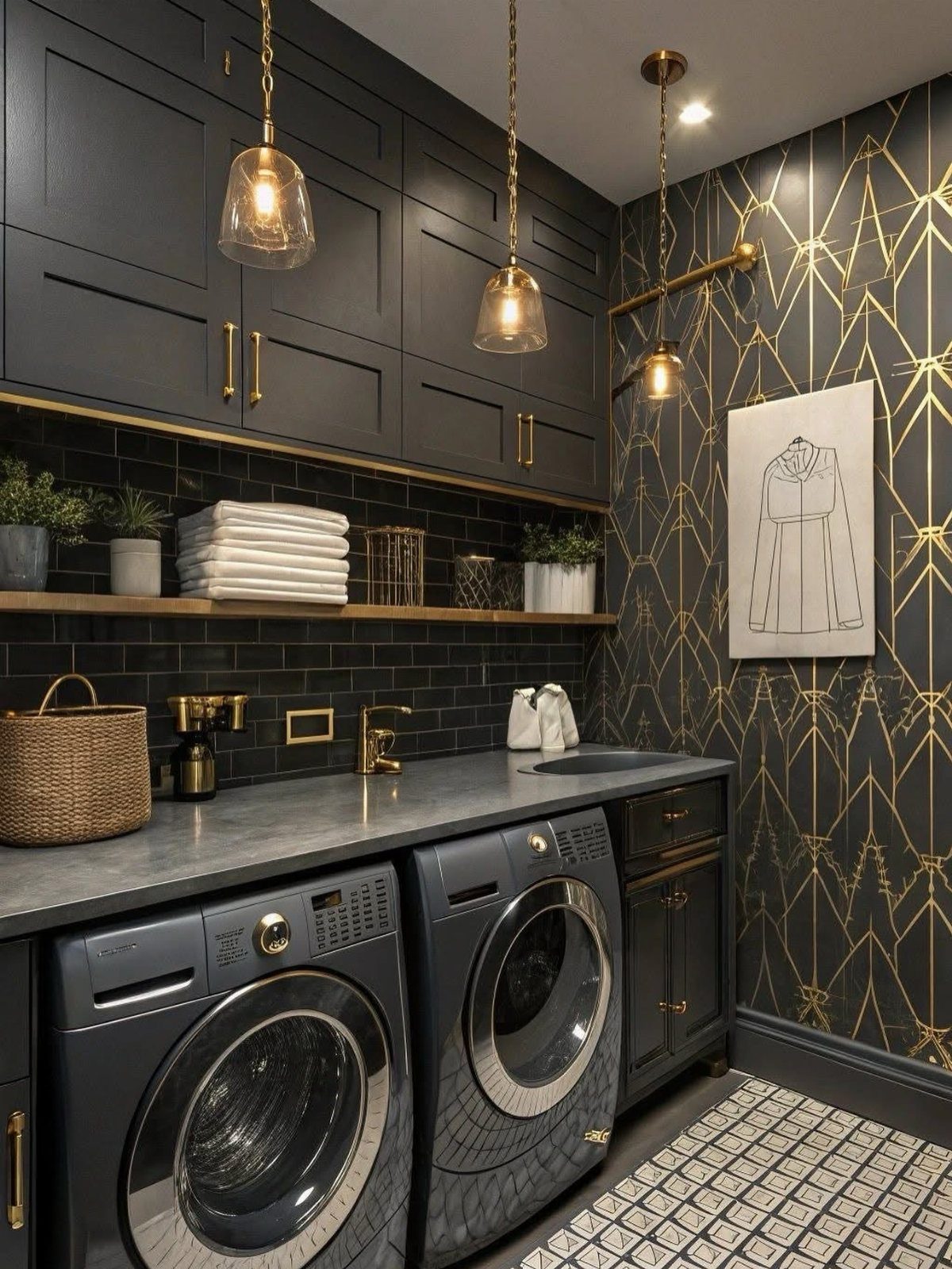 Luxurious small laundry room with dark cabinets, gold geometric wallpaper, and grey countertops.