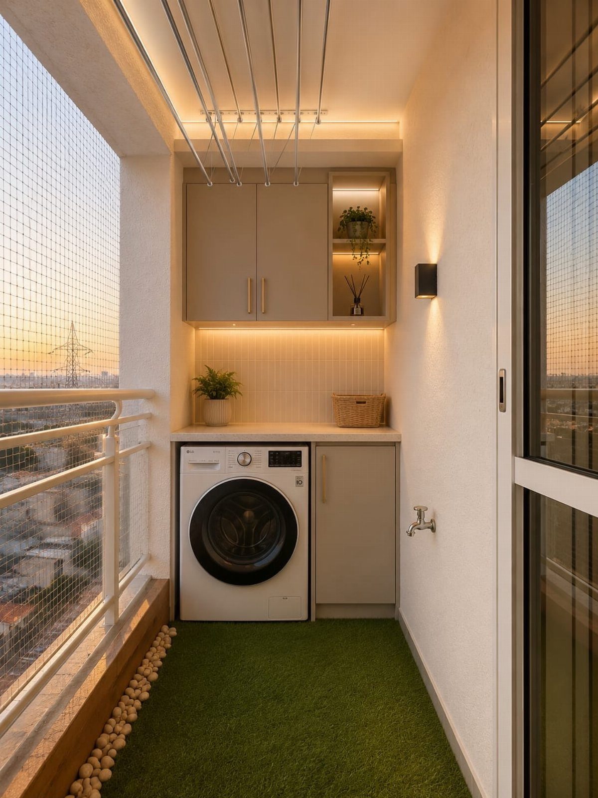 Balcony laundry area with washing machine, beige cabinets, and green artificial turf flooring.