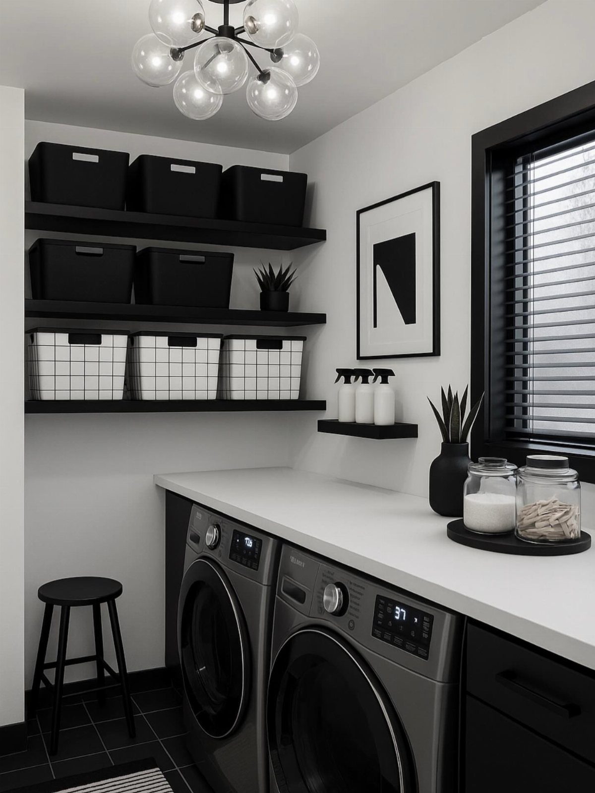 Black floating shelves with storage bins above a white laundry room countertop