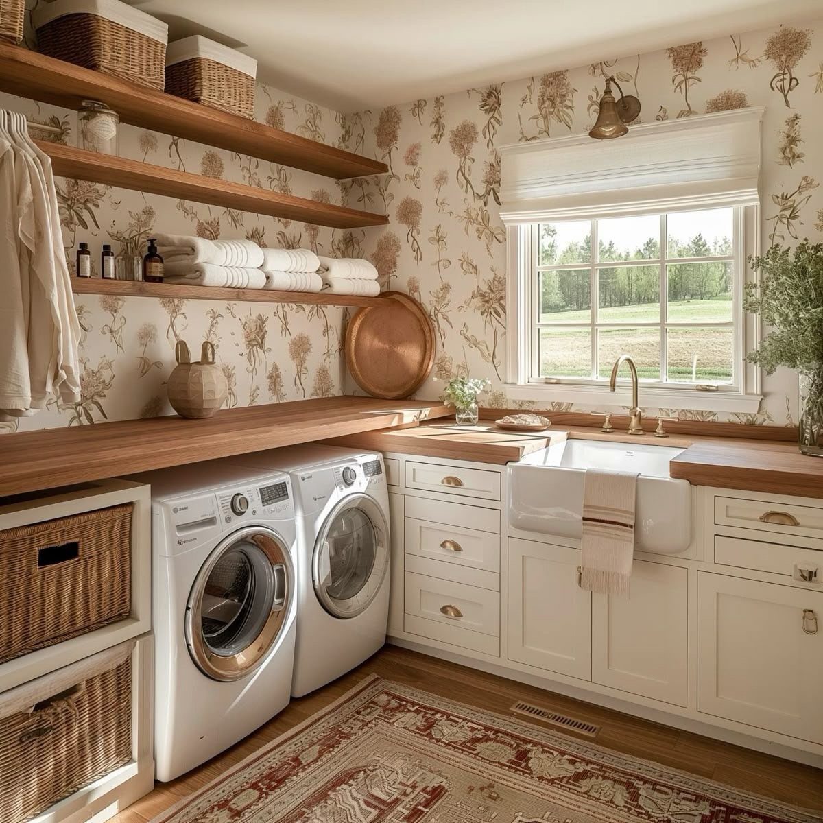 Laundry room with bold floral wallpaper, white cabinets, and wooden open shelving.