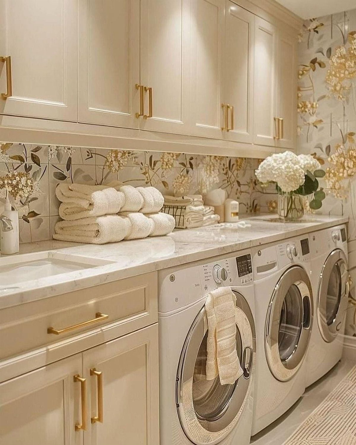 Laundry room with white cabinets and beige floral wallpaper on the walls.