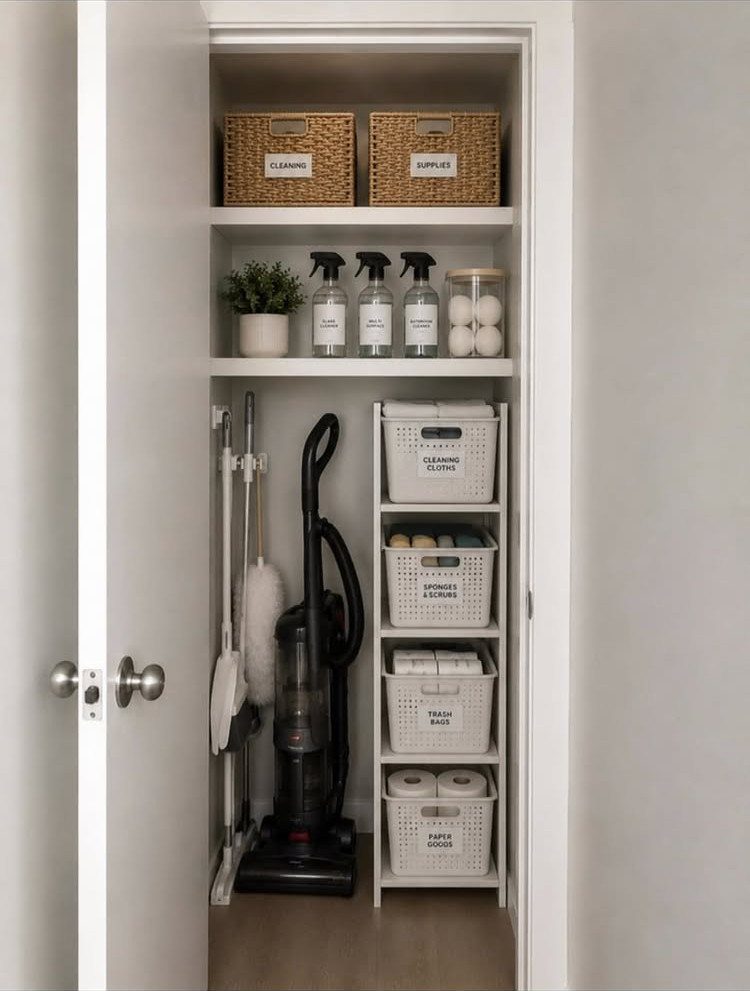 Organized small storage closet with white shelves, wicker baskets, and cleaning supplies.