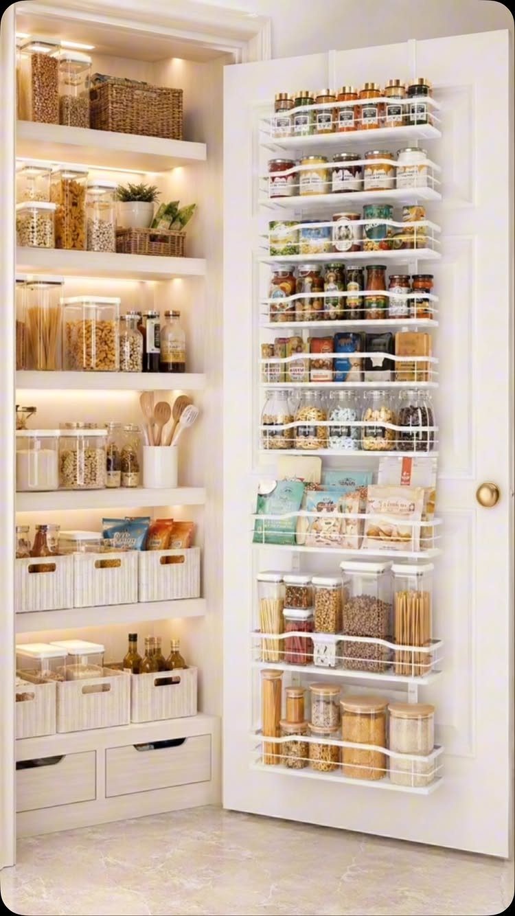 White pantry door with a multi-tiered wire rack organizer holding various spice jars.